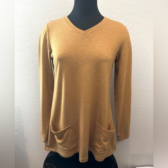 LOGO BY LORI GOLDSTEIN | Mustard V-Neck Tunic Top Lace Hem & Floral Back | XS - Picture 2 of 7